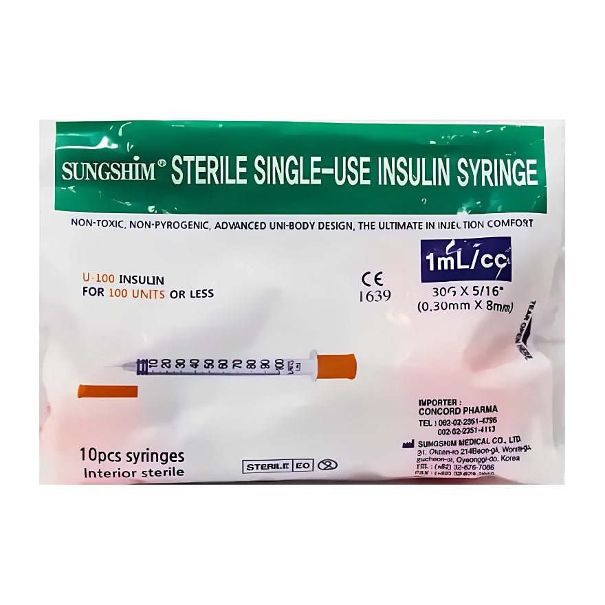 Sungshim 1ml 100u - 0.30mm X 8mm Insulin Syringe - 10 Pcs