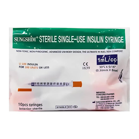Sungshim 1ml 100u - 0.30mm X 8mm Insulin Syringe - 10 Pcs