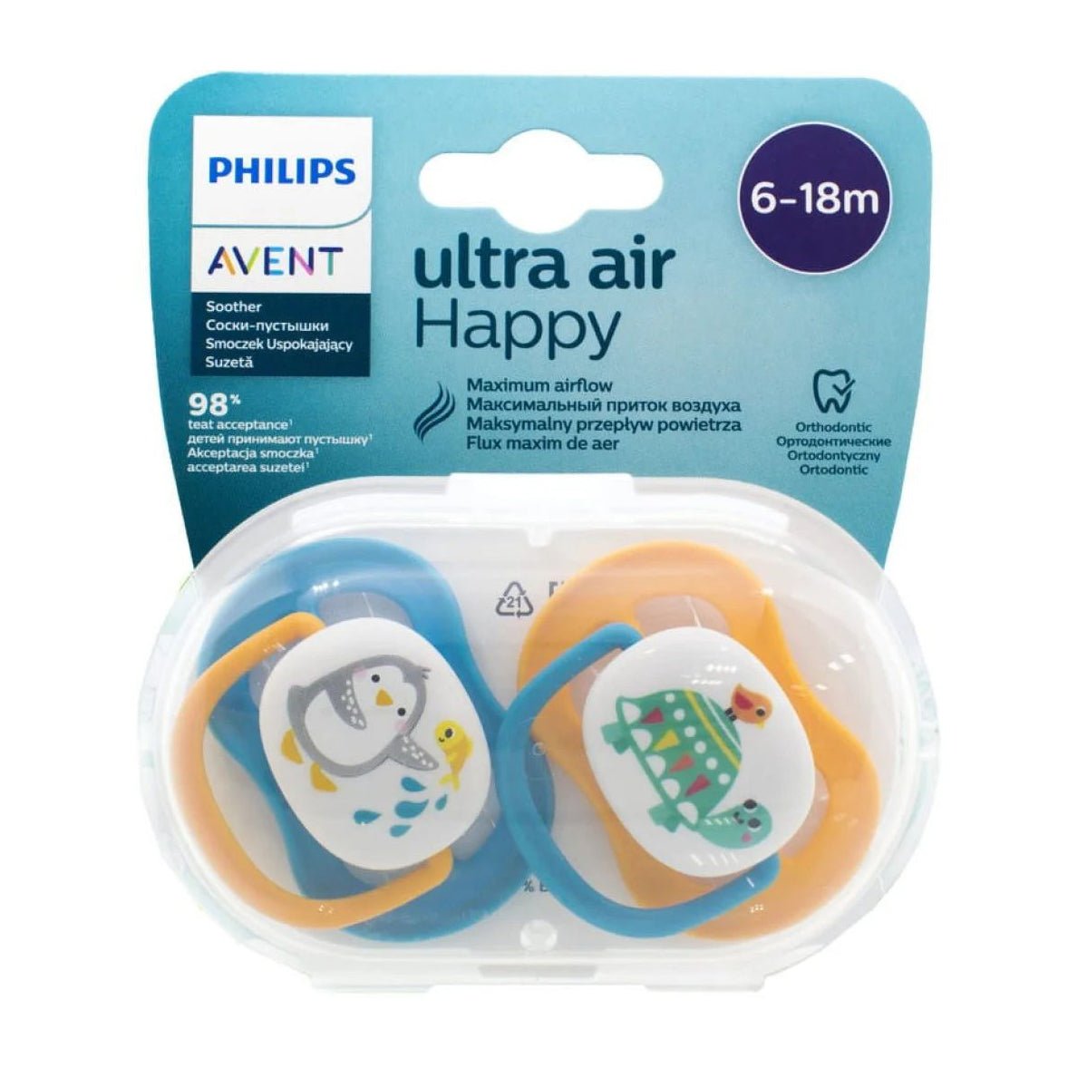 Avent Ultra Air Animals Pacifier 6-18m - Orange & Blue
