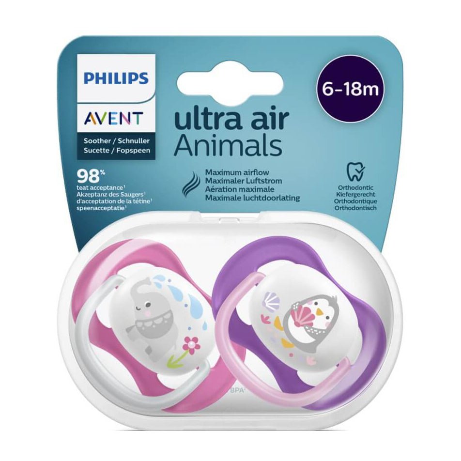Avent Ultra Air Animals Pacifier 6-18m - pink & Purple